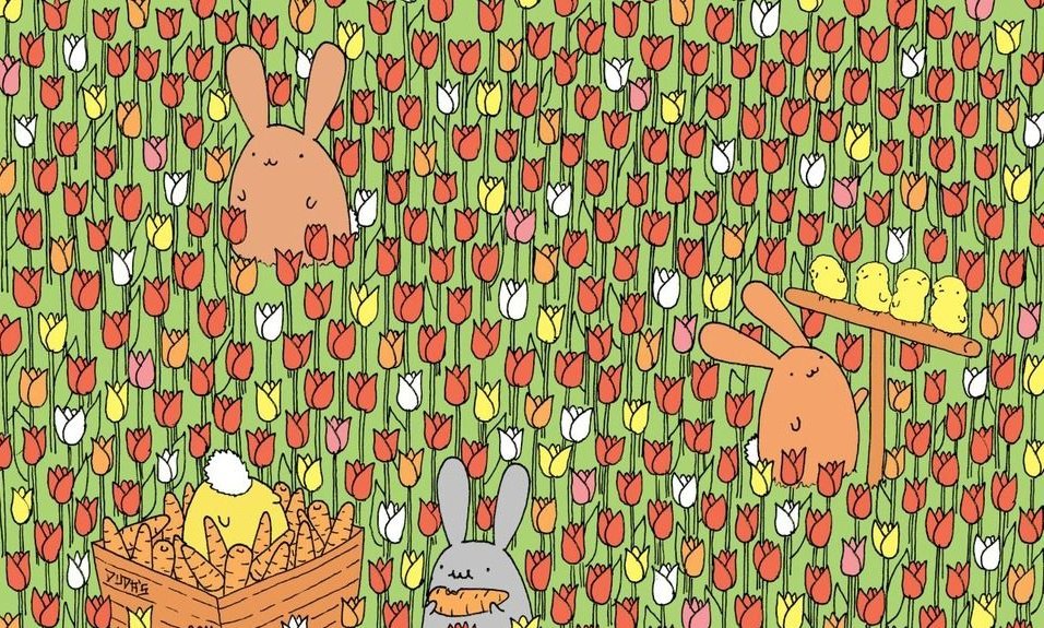 RETO VISUAL: encontrá el huevo perdido entre conejos y flores